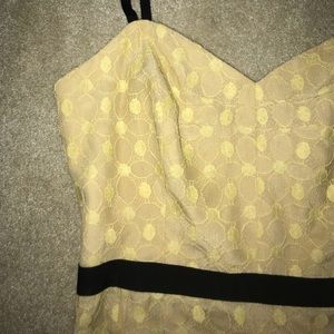 yellow lace midi dress with black detail